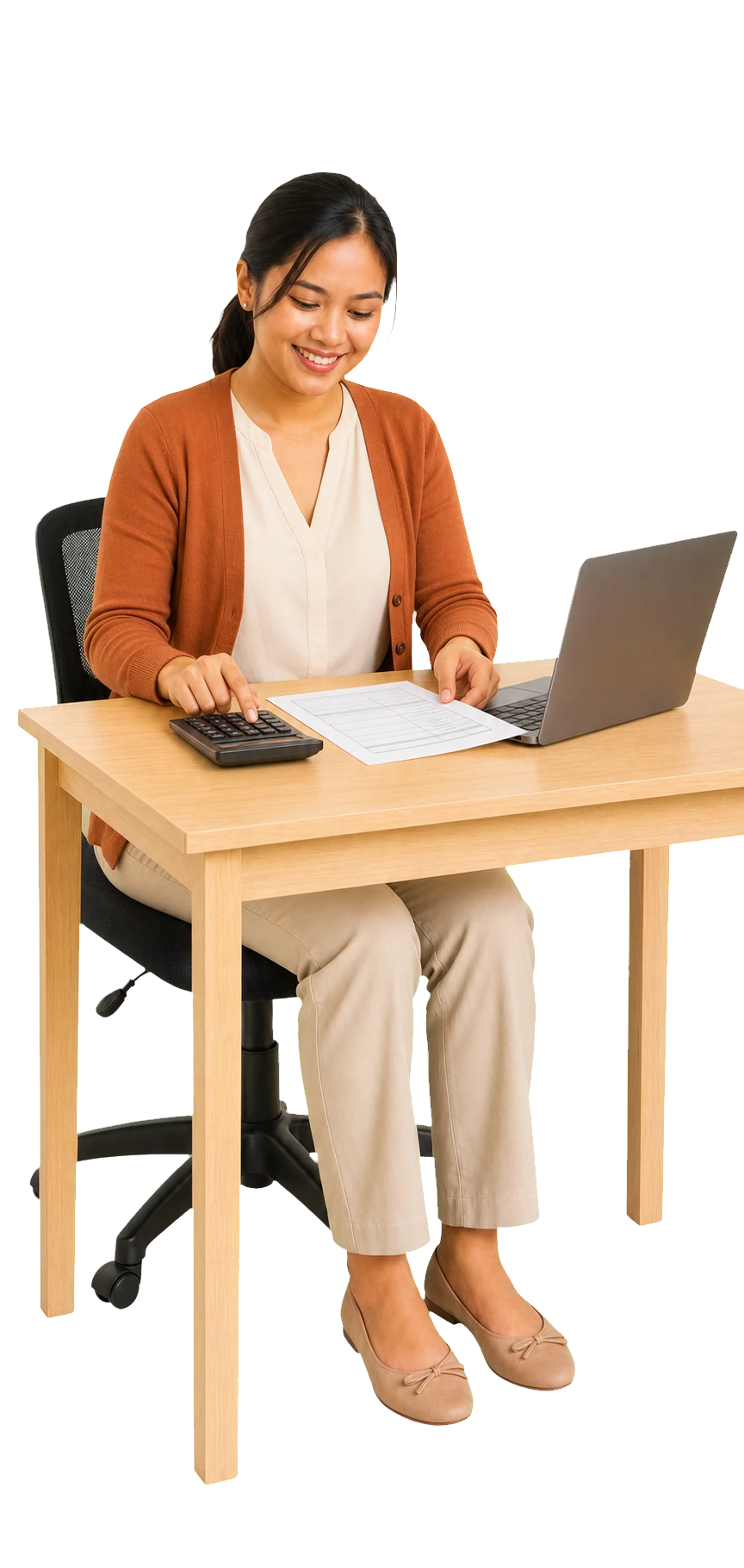 Filipina virtual assistant checking an invoice with a calculator and laptop