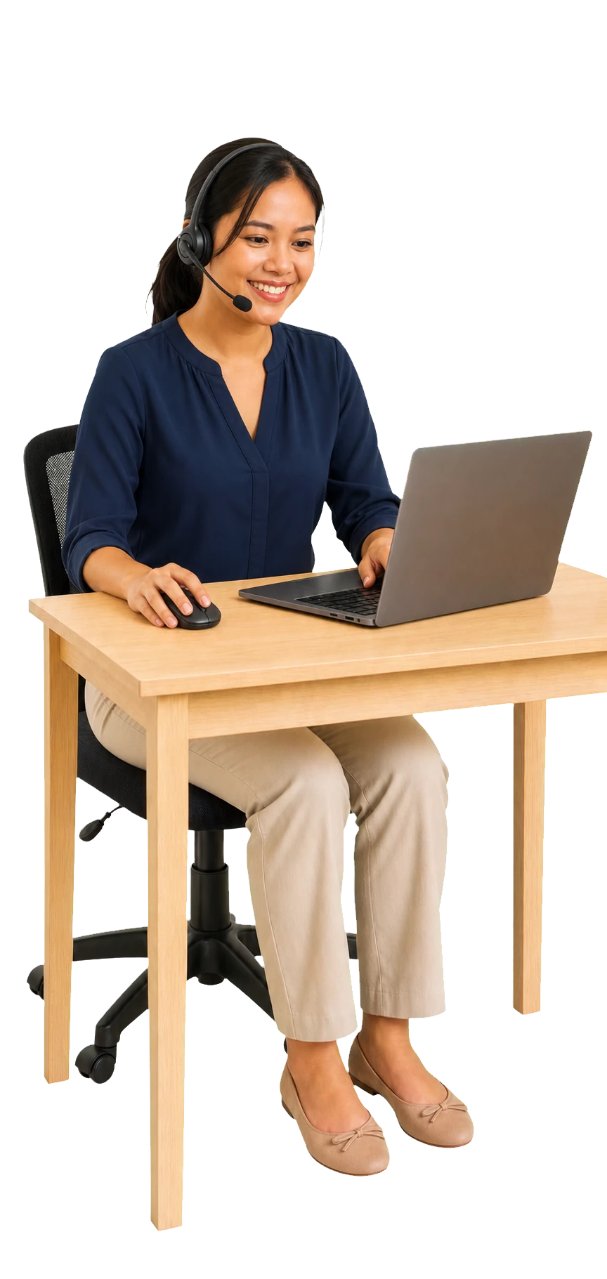 Filipina virtual assistant using a headset, laptop, and mouse for customer support
