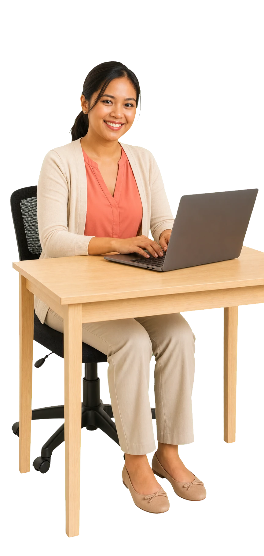 Filipina virtual assistant working at a practical laptop desk setup
