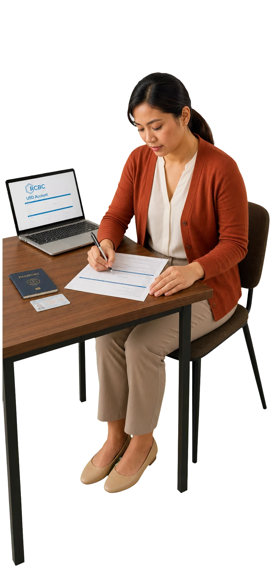Filipina freelancer preparing an RCBC US dollar account application with her ID and passport