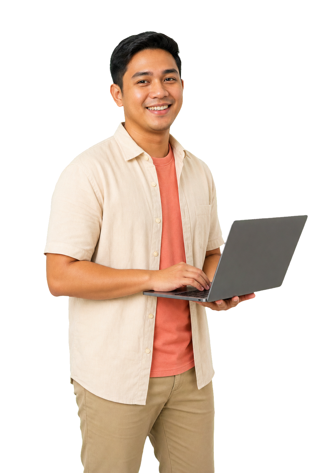 Smiling Filipino virtual assistant holding an open laptop