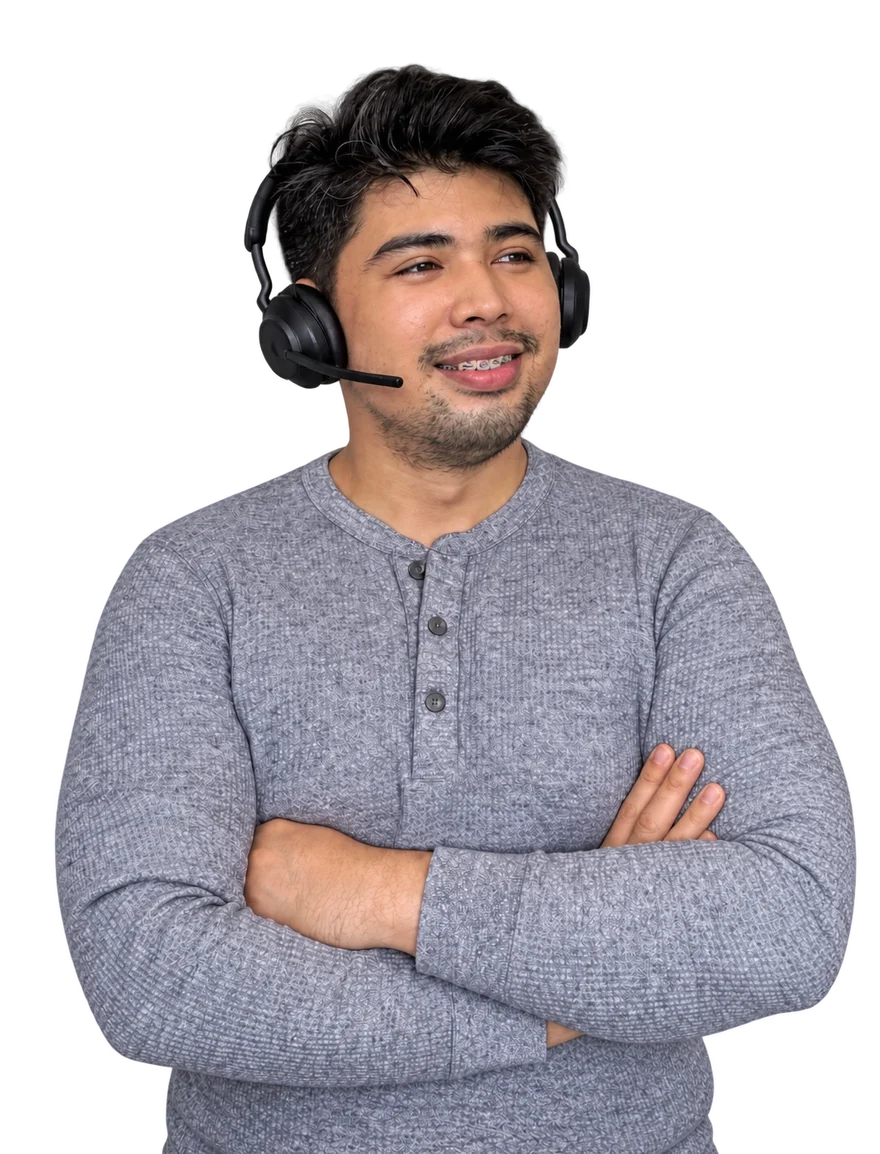 VA Starter Hub founder wearing a headset, smiling with arms crossed