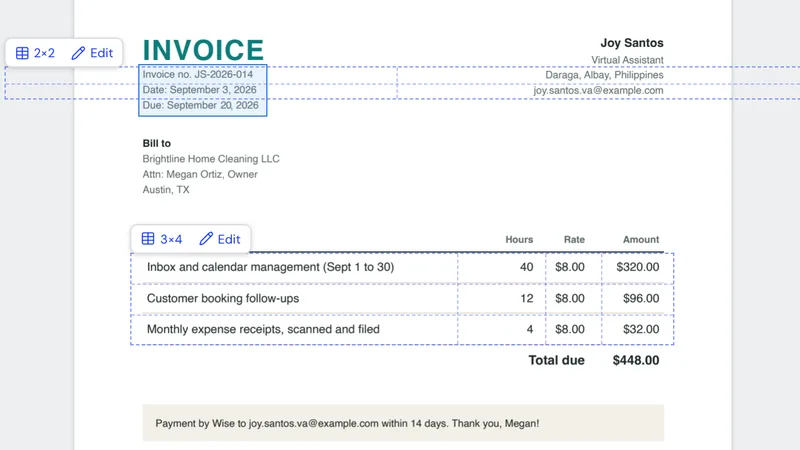 An invoice open in Manila Paper with the due date being changed to September 20, 2026