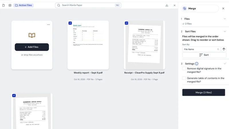Manila Paper merging a weekly report and two receipts into one PDF