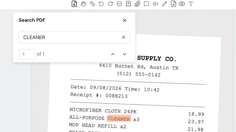 A scanned receipt in Manila Paper after OCR, with a search for the word cleaner highlighting it on the receipt