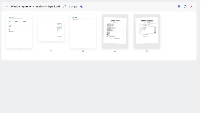 Manila Paper showing a five-page PDF as thumbnails, with page two sideways