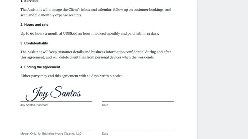 A virtual assistant services agreement in Manila Paper with Joy Santos’s signature on the assistant’s line