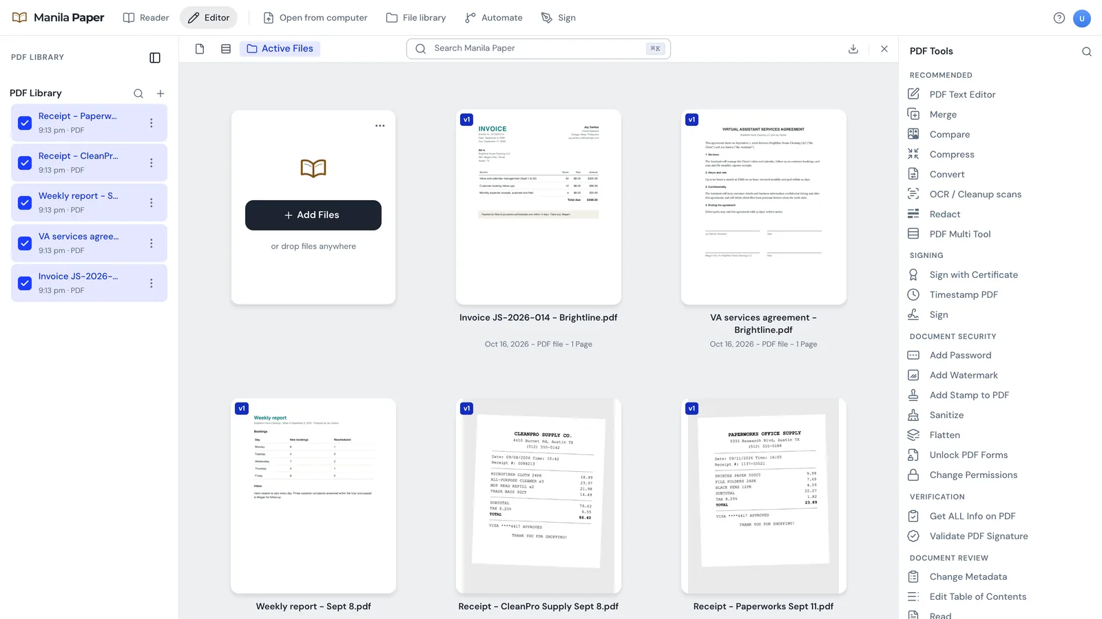 Manila Paper with an invoice, a services agreement, a weekly report and two scanned receipts open, and the list of PDF tools on the right