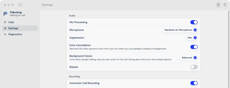 Pabulong's audio settings with echo cancellation on and background voices set to Balanced